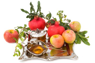 Pomegranates, honey with ripe fresh apple for Rosh Hashana clipart