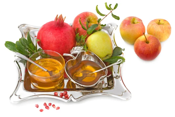Pomegranates, honey with ripe fresh apple for Rosh Hashana — Stock Photo, Image