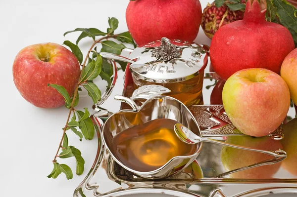 Granaty, miód z dojrzałe jabłko świeże Rosz Haszana — Zdjęcie stockowe