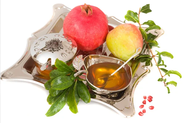 Melograni, miele con mela fresca matura per Rosh Hashana — Foto Stock