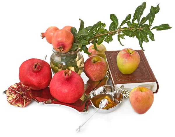 Granaty, tory, miód z dojrzałe jabłko świeże Rosz Haszana — Zdjęcie stockowe
