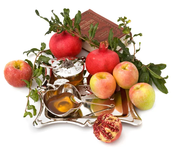 Granadas, torá, miel con manzana fresca madura para Rosh Hashaná —  Fotos de Stock