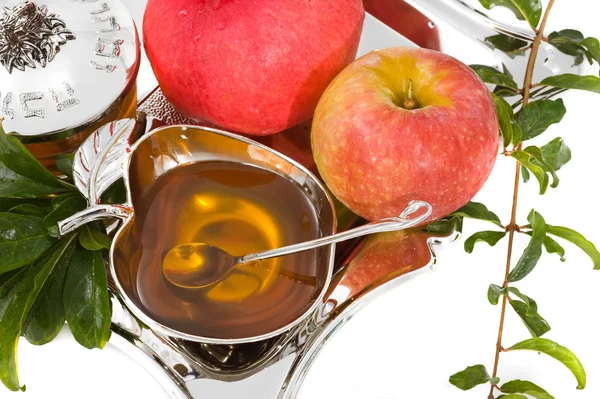 Гранаты, мед со спелым свежим яблоком для Рош ха-Шана — стоковое фото