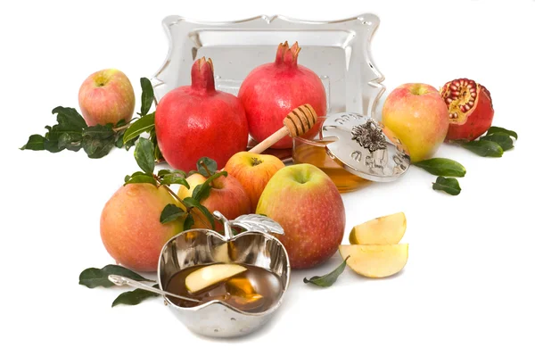 Granátová jablka, med s zralé čerstvé apple pro rosh hashana — Stock fotografie