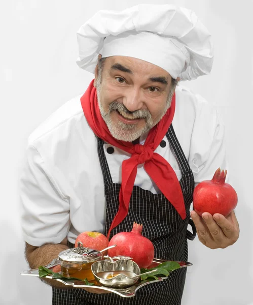 Chef with pomegranate,honey and apple for rosh hashana — Stock Photo, Image