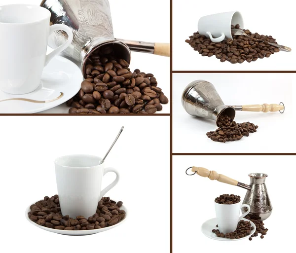 コラージュ コーヒー、コーヒーの穀物、白の背景に隠れてにコーヒーのカップを作る — ストック写真