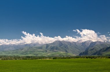 Panoramik dağ manzarası ile foregrou yeşil alan