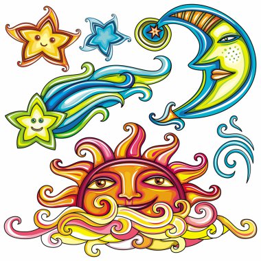 Celestial symbols: sun, moon, star, comet clipart