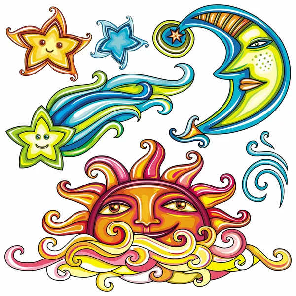 Símbolos celestes: sol, lua, estrela, cometa — Vetor de Stock