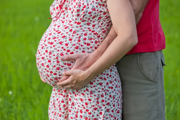Husband hands on pregnant woman belly — Stock Photo, Image