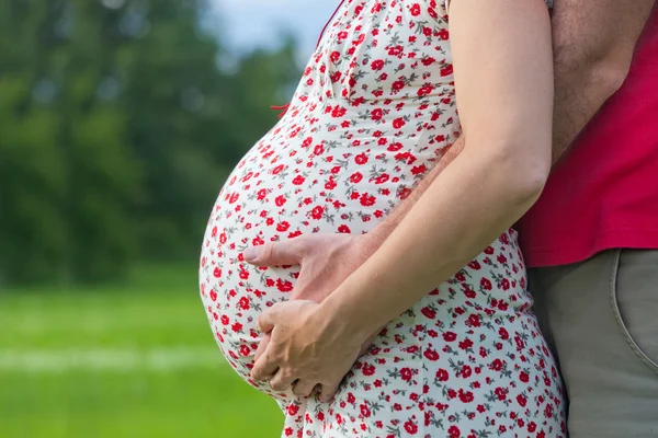 Marido manos en el vientre de mujer embarazada — Foto de Stock