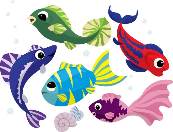 Conjunto de peces de dibujos animados de colores brillantes — Archivo Imágenes Vectoriales