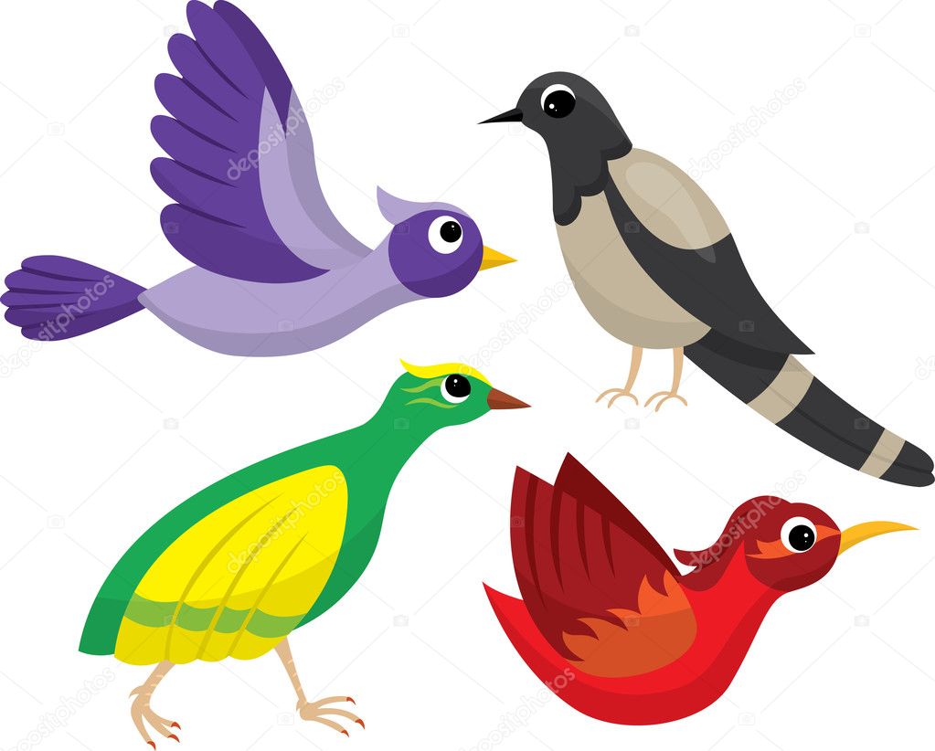 Conjunto De Pássaros De Desenhos Animados Brilhantes Imagem Vetorial De