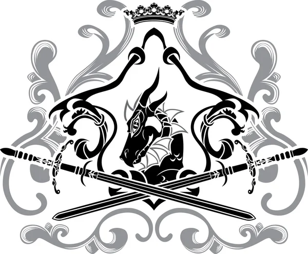 Escudo de dragão com espadas — Vetor de Stock