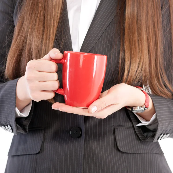 stock image Portrait of girl in business suit with cup