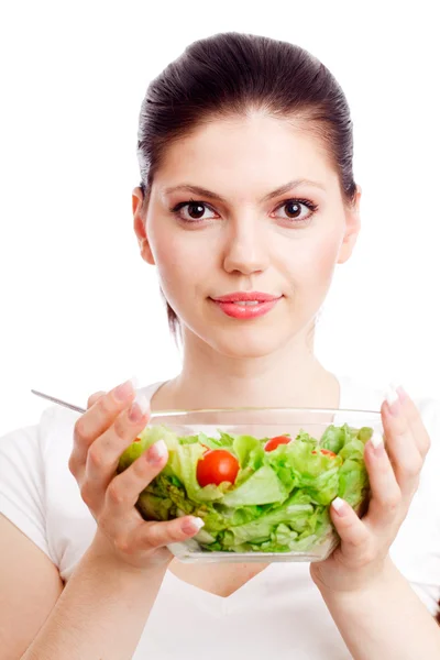 Genç kadın sağlıklı salata ile. — Stok fotoğraf
