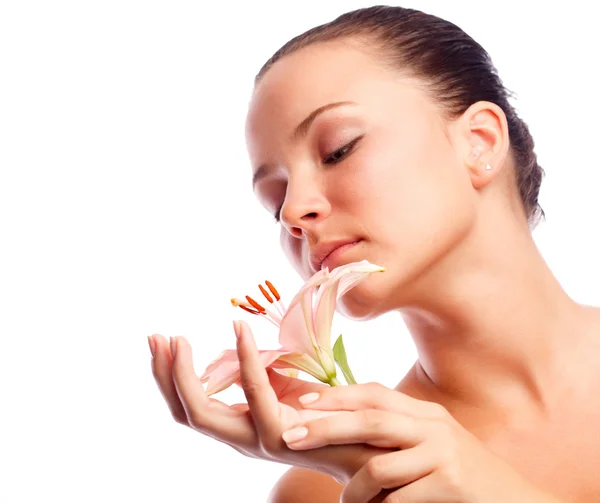 Woman with flower in hands — Stock Photo, Image