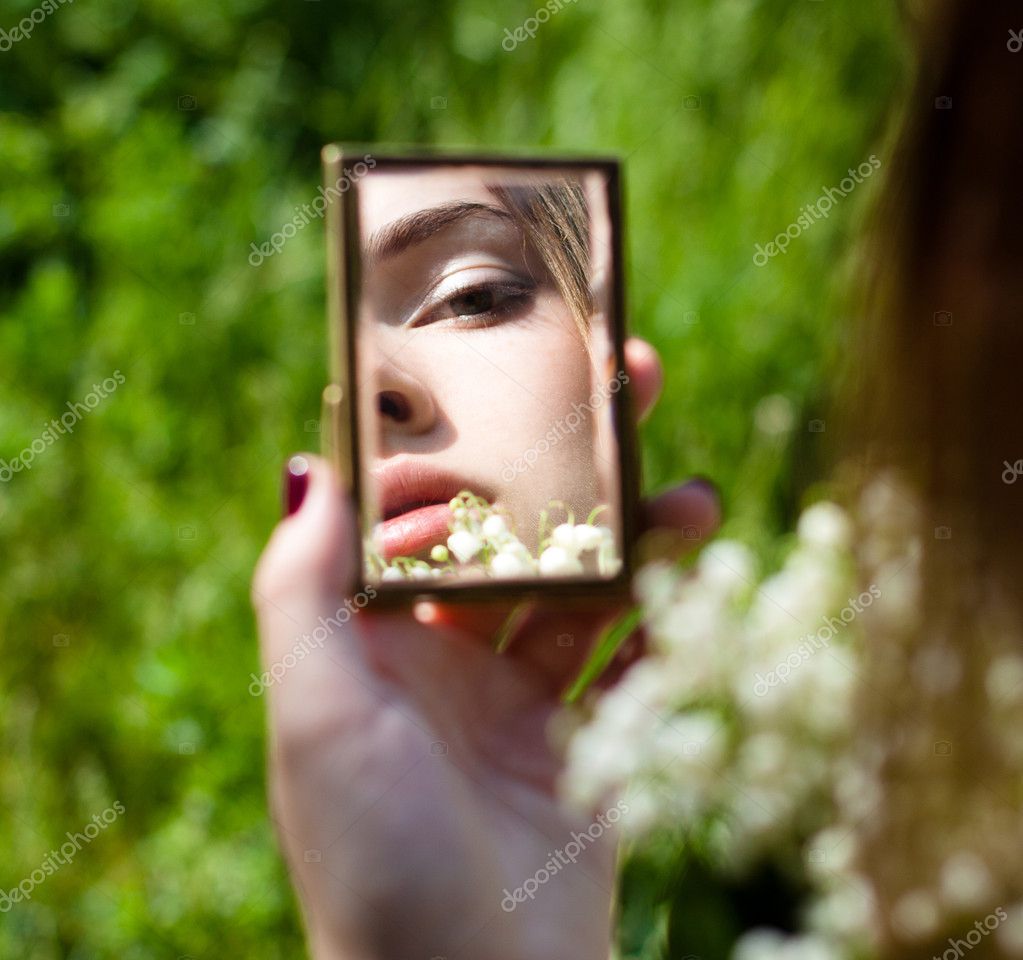 Portrait of Young Woman in Small Mirror — Stock Photo, Image