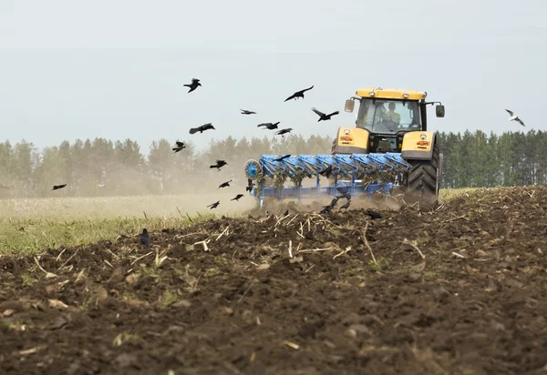 Трактор вспахивает поле — стоковое фото