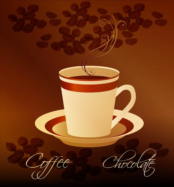 Xícara de café quente e grãos —  Vetores de Stock