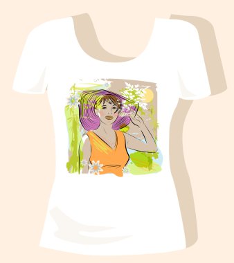 T-shirt design. Young women wearing a straw hat . clipart