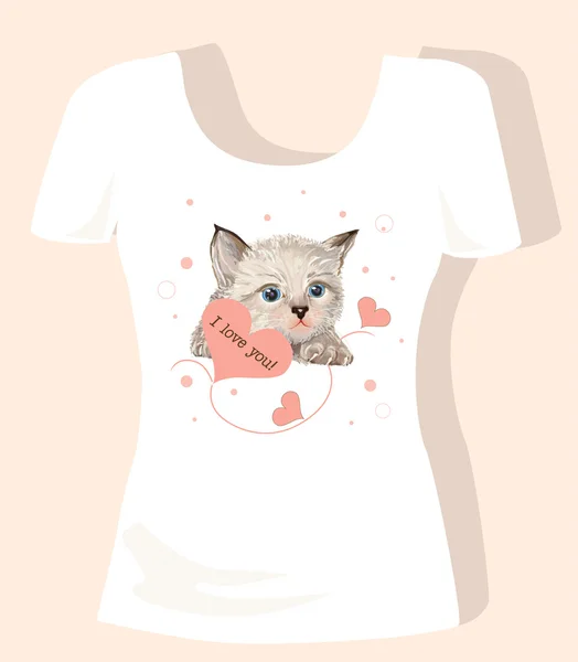 Projekt koszulki dla dzieci z kotek i serca — Wektor stockowy