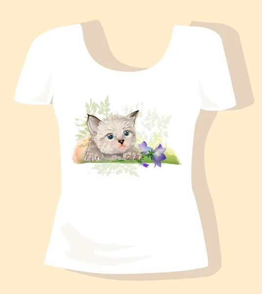T-shirt design for children with kitten and bluebell — Stock Vector