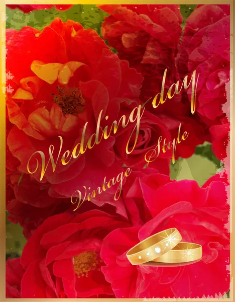 Cartão de casamento vintage com anéis e rosas vermelhas . — Vetor de Stock