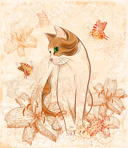 Винтажная открытка на день рождения с кошкой и лилиями . — стоковый вектор
