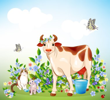 Country life. Cat, kitten and cow clipart