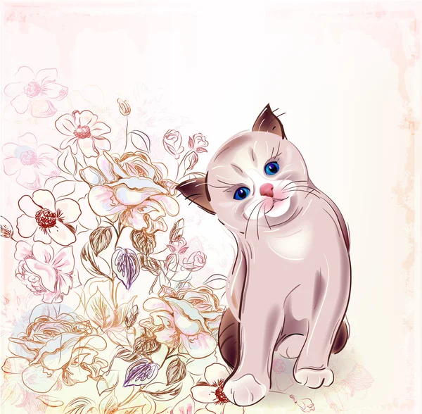 Doğum günü kartı ile Tay tarzında yavru kedi ve roses.watercolor. — Stok Vektör
