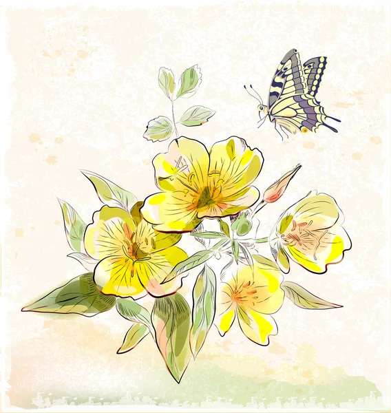 Flores de campo amarelo e borboleta — Vetor de Stock