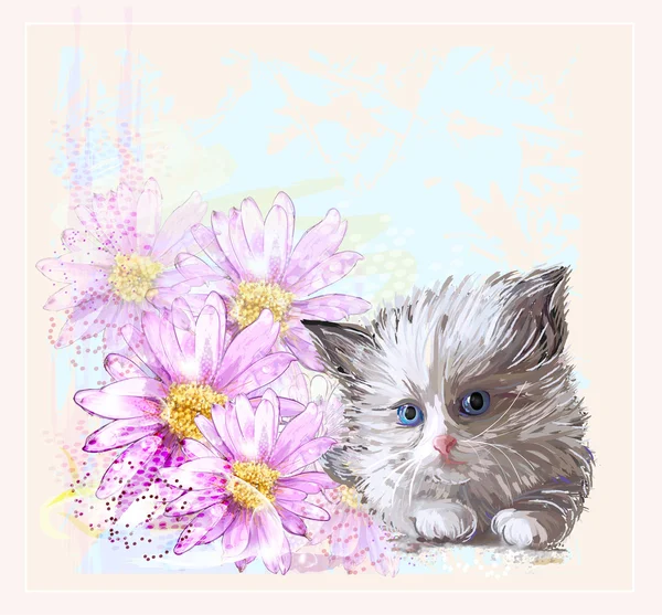 Doğum günü kartı küçük tüylü kedi ve gerberalar — Stok Vektör