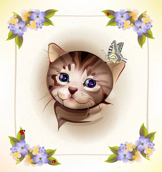 Geburtstagskarte mit kleinen gestromten Kätzchen und Schmetterling — Stockvektor