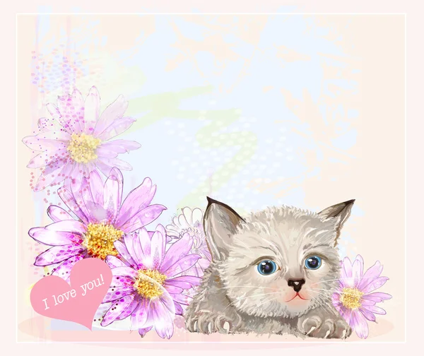 Greeting card with little fluffy kitten and gerberas — Stock Vector