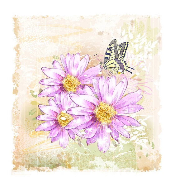 Flores de campo rosa e borboleta — Vetor de Stock