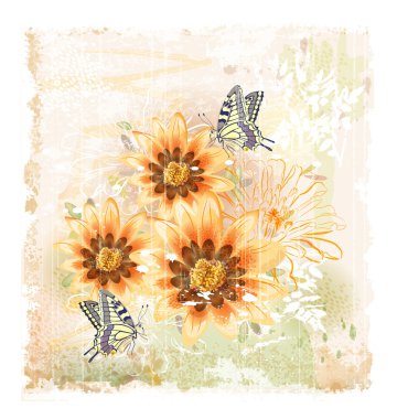Yellow field flowers and butterflies clipart
