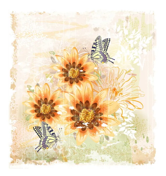 Yellow field flowers and butterflies — Stock Vector