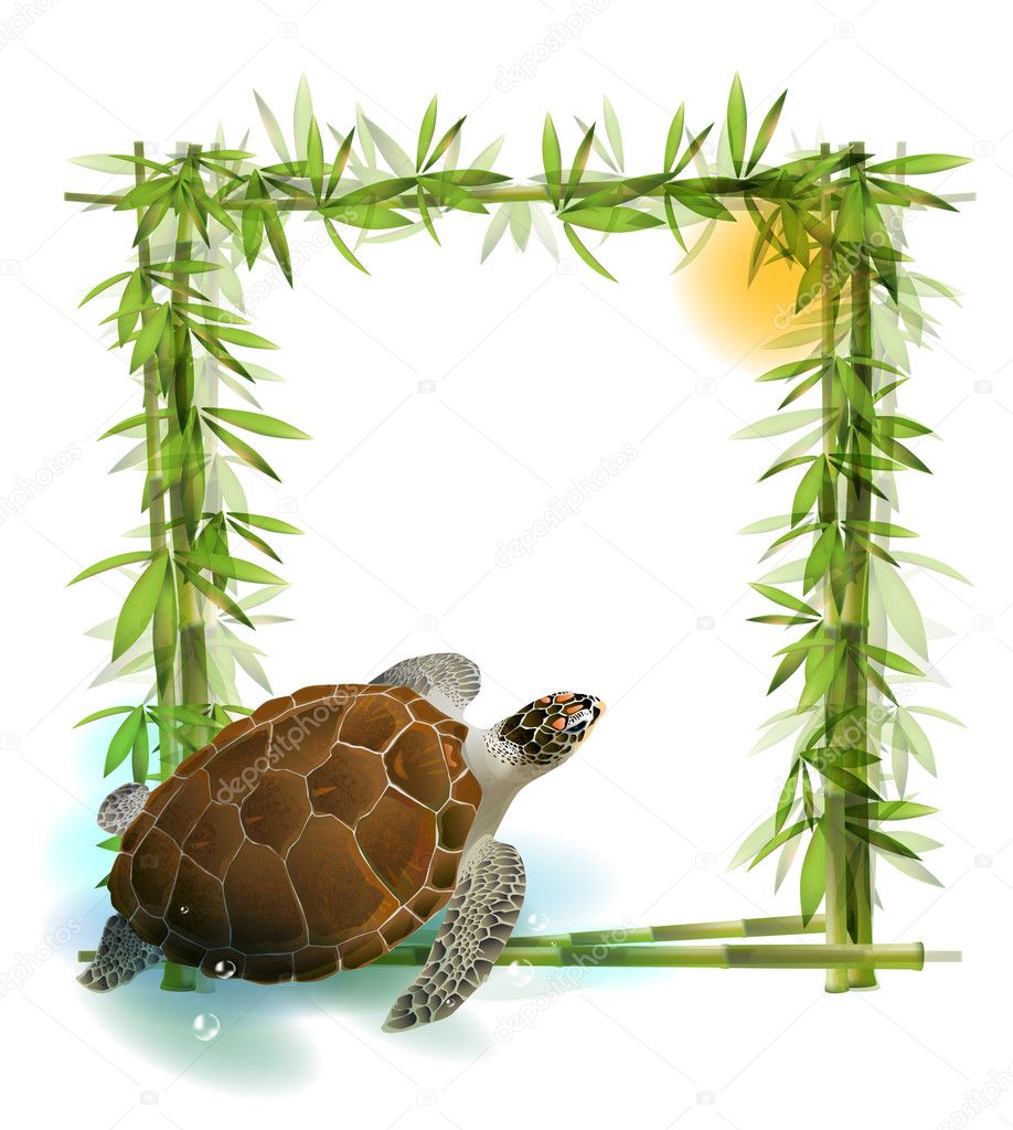 Tropical background with bamboo, sun and sea turtle.