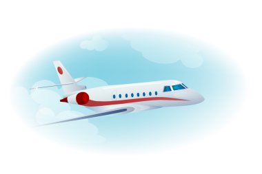 Passenger airplane in the cloudy blue sky clipart