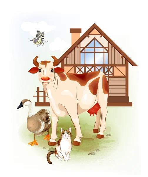 Vidéki élet. haszonállatok. tehén, a macska és a liba. — Stock Vector