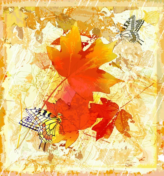 Őszi grunge háttér piros juhar levelei és a pillangó — Stock Vector