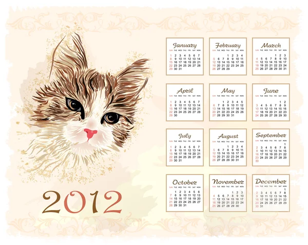 Calendário estilo vintage 2012 com gato —  Vetores de Stock