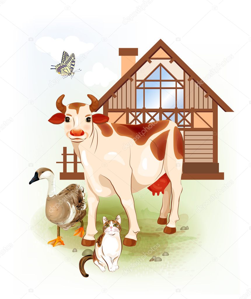 Country life. Farm animals. Cow, cat and goose.