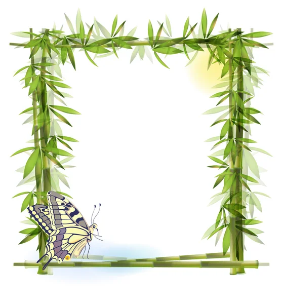 Тропический фон с бамбуком, солнцем и бабочкой — стоковый вектор