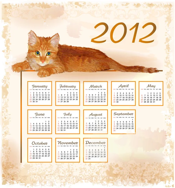 Hand drawn calendar 2012 with lying ginger kitten — Stock Vector