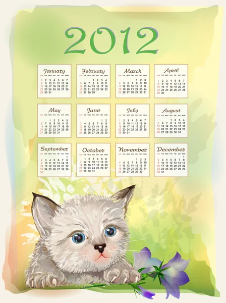 Childish calendar 2012. Little fluffy kitten playing with blueb — Stock Vector
