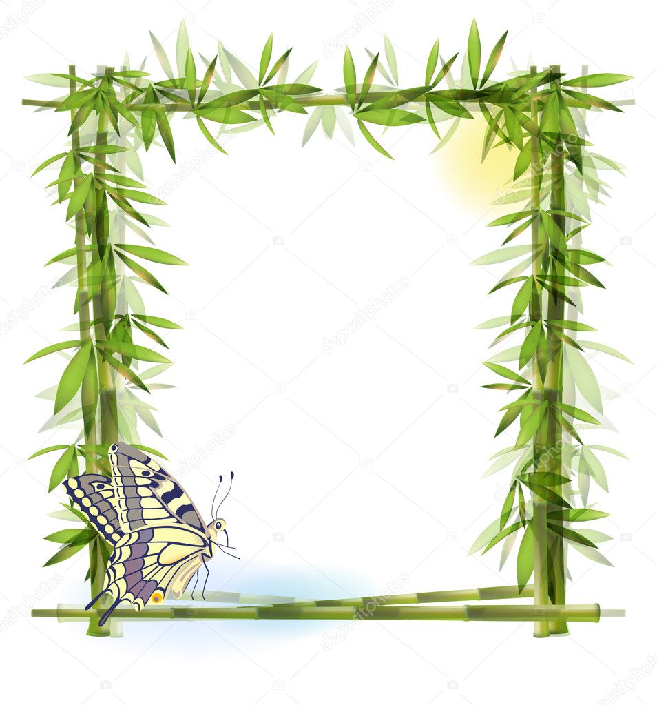 Tropical background with bamboo, sun and butterfly
