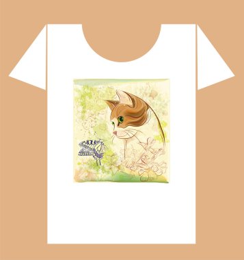 Childish t-shirt design with cat and butterfly