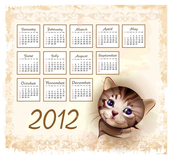 Calendario de estilo vintage 2012 con gatito tabby — Vector de stock